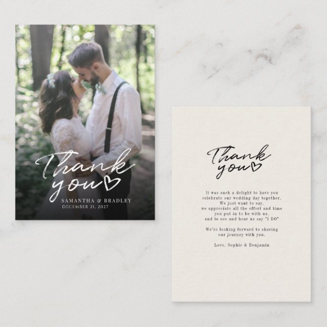 Elegant Script Handwritten Photo Wedding Thank You Note Card (Front/Back)