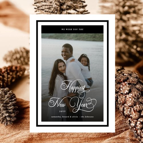 Elegant Script Happiest New Year 4 Photo Overlay Holiday Card