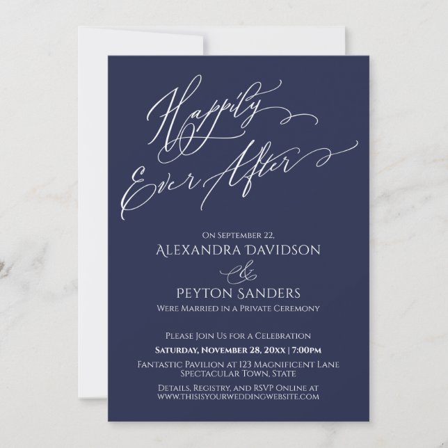 Elegant Script Happily Ever After Navy Reception Invitation (Front)