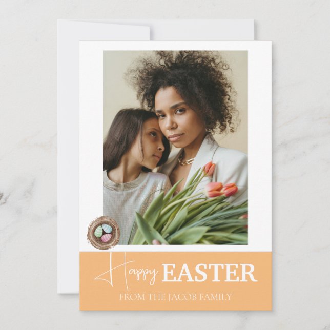 Elegant Script Happy Easter family one photo Holiday Card (Front)