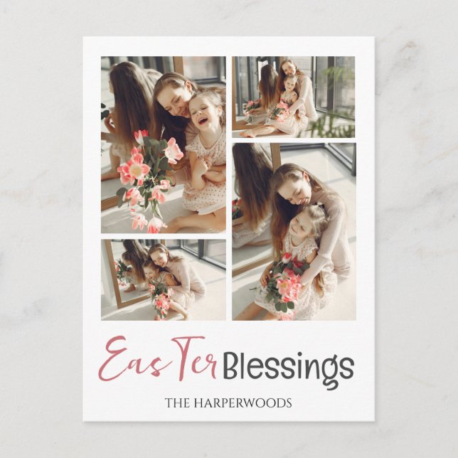 Elegant Script Happy Easter Family Photo Collage Holiday Postcard (Front)