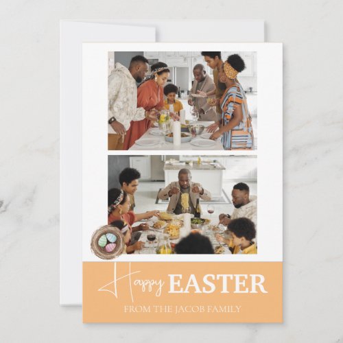 Elegant Script Happy Easter family Two photo Holiday Card