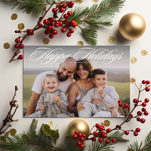Elegant Script Happy Holidays Two Photo Holiday Card