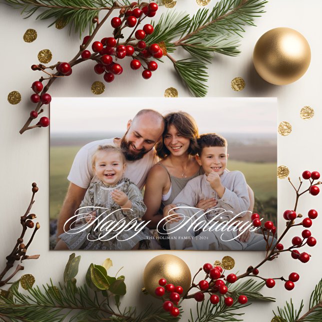 Elegant Script Happy Holidays Two Photo Holiday Card (Creator Uploaded)