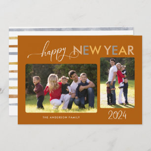 Elegant Script Happy New Year 2 Photos Holiday Card