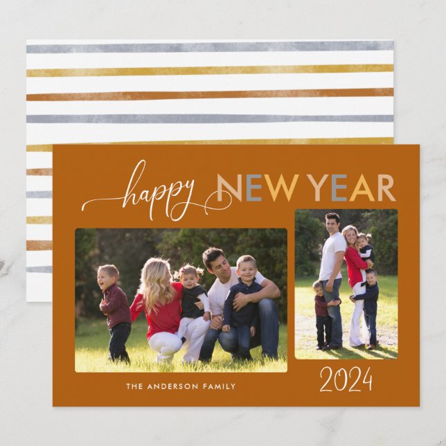 Elegant Script Happy New Year 2 Photos Holiday Card (Front/Back)