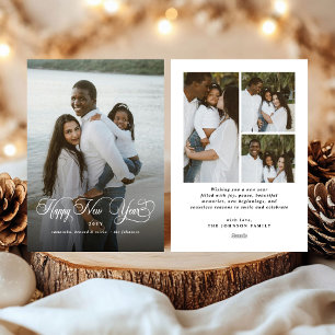 Elegant Script Happy New Year 4 Photo Overlay Holiday Card