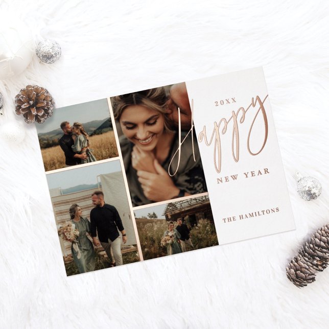 Elegant Script Happy New Year Minimal 4 Photo Foil Holiday Card (Creator Uploaded)