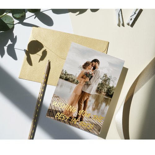 Elegant Script Happy New Year Minimal Couple Photo Foil Holiday Card