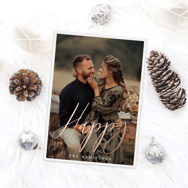 Elegant Script Happy New Year Minimal Couple Photo Foil Holiday Card (Creator Uploaded)