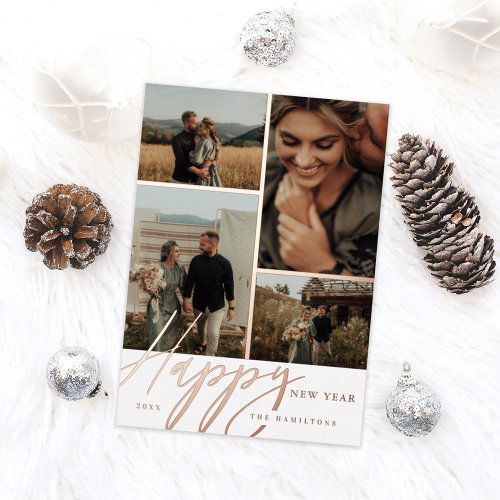 Elegant Script Happy New Year Minimal Photo Grid Foil Holiday Card