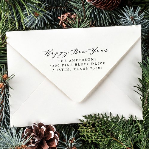 Elegant Script Happy New Year Return Address Rubber Stamp