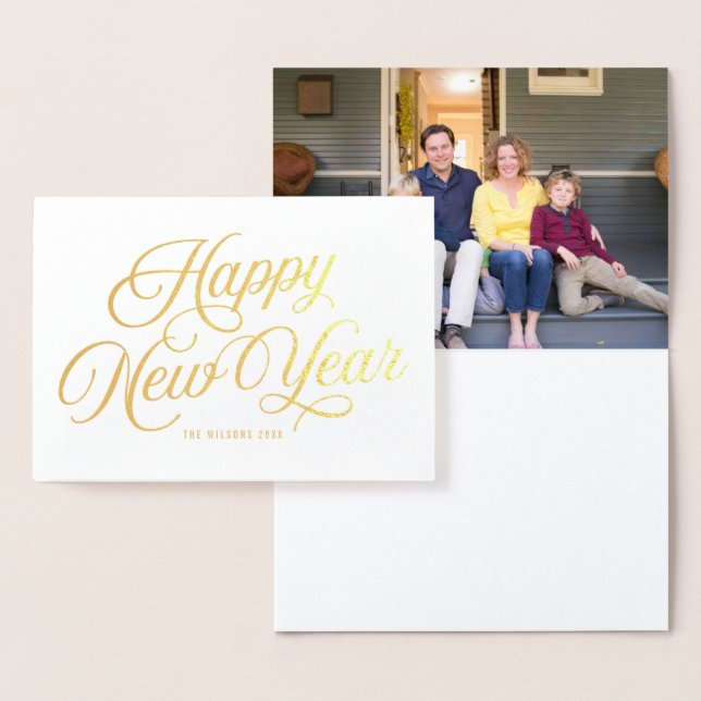 Elegant Script Happy New Year with Photo Foil Card (Display)