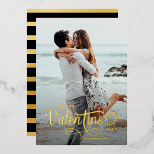 Elegant Script Happy Valentine's Day Photo Stripe Foil Holiday Card