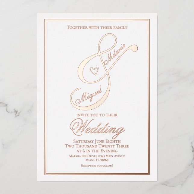 Elegant Script Heart Ampersand Wedding Pressed   Foil Invitation (Front)