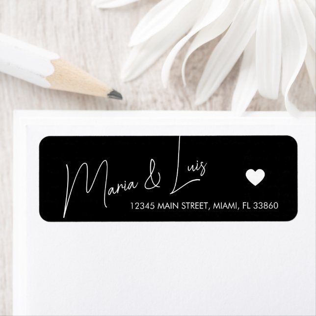 Elegant Script Heart Black White Wedding Label (Insitu)