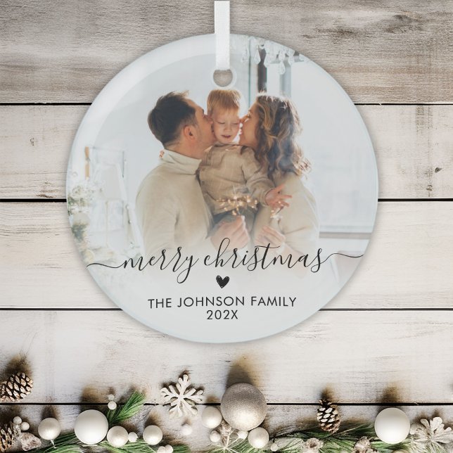 Elegant Script Heart Family Photo Merry Christmas Glass Ornament (Creator Uploaded)
