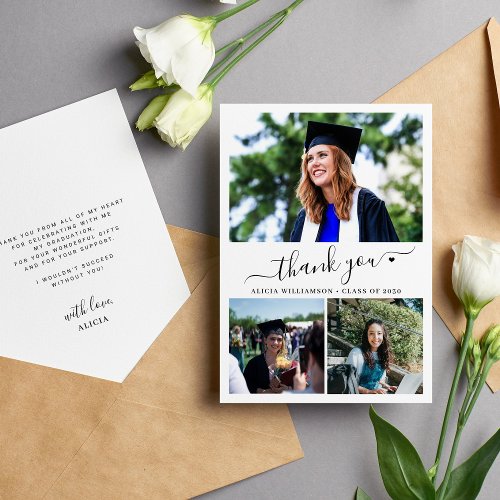 Elegant script heart graduation 3 photo collage thank you card
