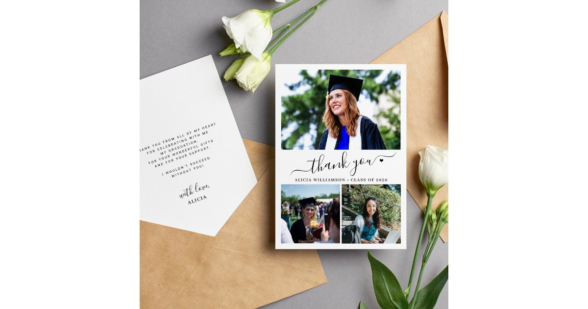 Elegant script heart graduation 3 photo collage thank you card | Zazzle