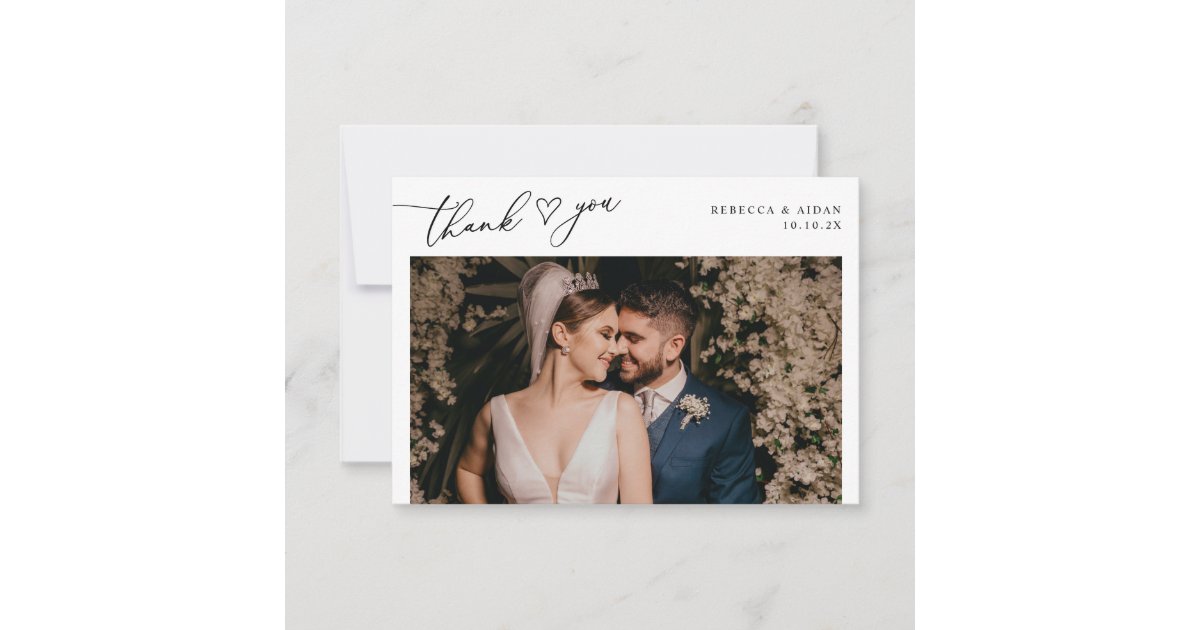 Elegant Script Heart Greenery Wedding Photo Thank You Card | Zazzle