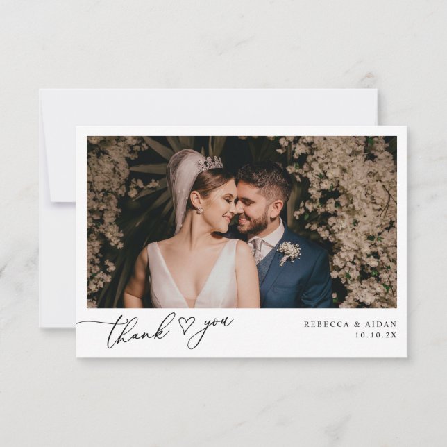 Elegant Script Heart Greenery Wedding Photo Thank You Card (Front)
