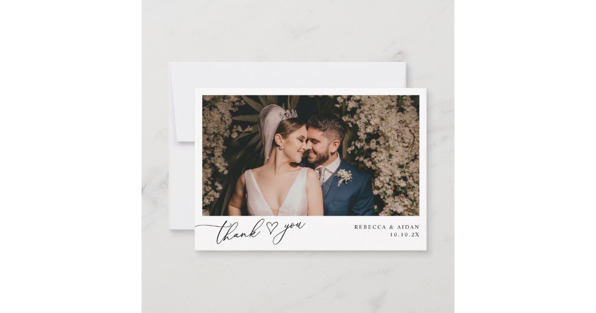 Elegant Script Heart Modern Wedding Photo Thank You Card | Zazzle