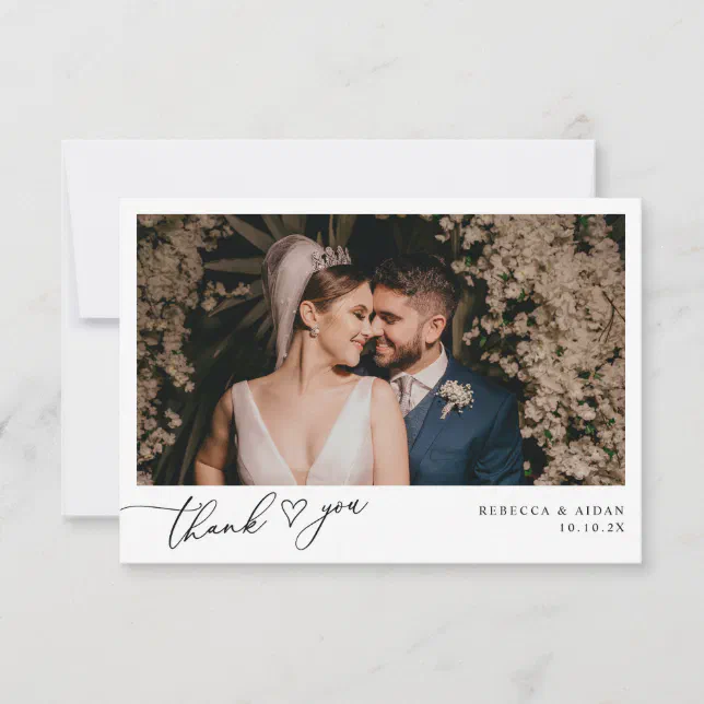 Elegant Script Heart Modern Wedding Photo Thank You Card | Zazzle