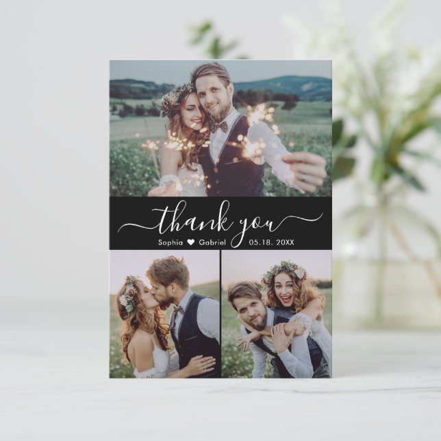 Elegant Script Heart Photo Collage Black Wedding Thank You Card (Standing Front)