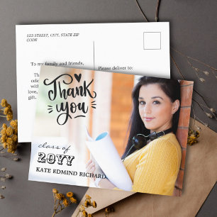 Elegant Script Heart Photo Graduation Thank You Postcard