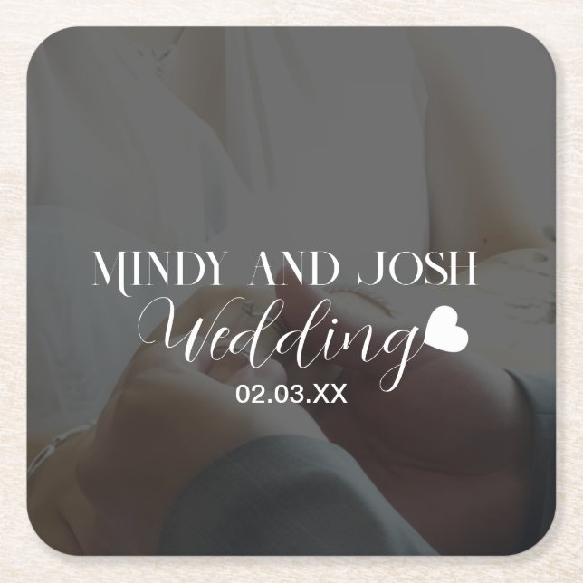 Elegant Script Heart Photo  Square Paper Coaster (Front)