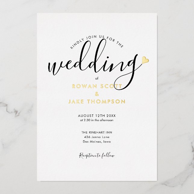 Elegant Script Heart Photo Wedding Foil Invitation (Front)