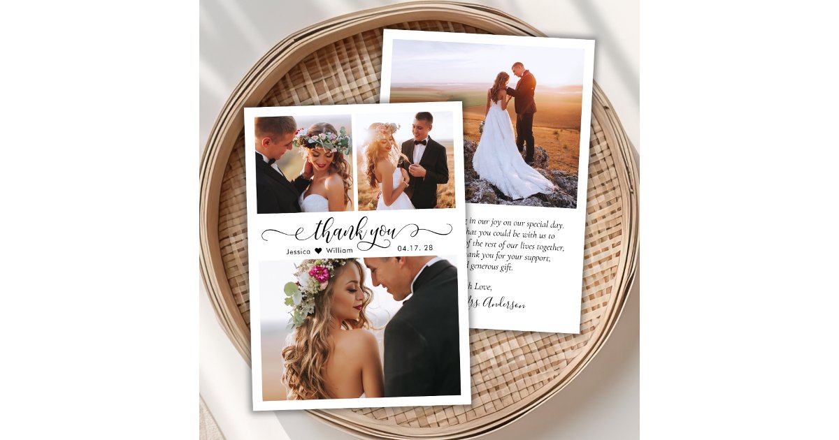 Elegant Script Heart Photo Wedding Thank You Card | Zazzle