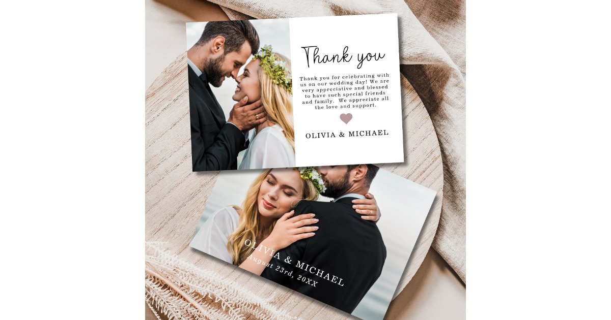 Elegant Script Heart Photo Wedding Thank You Card | Zazzle