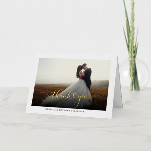 Elegant Script Heart Wedding Photo Thank You Gold Foil Greeting Card