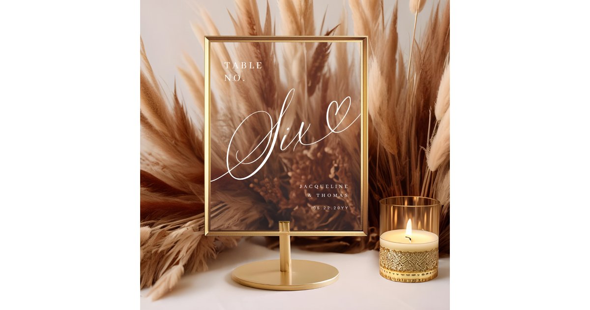 Elegant Script Heart Wedding Table Number Six Acrylic Sign | Zazzle