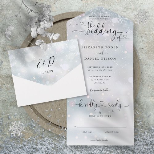 Elegant Script Hearts Minimalist Winter Wedding All In One Invitation