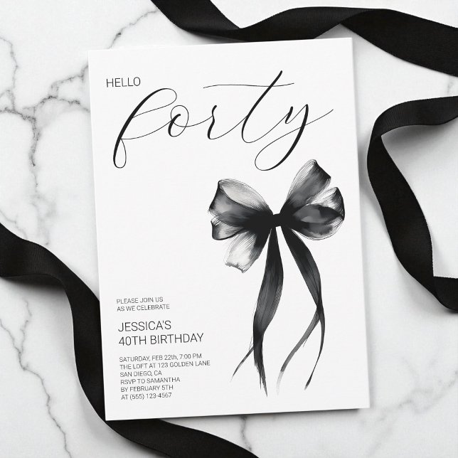 Elegant Script Hello Forty Bow 40th Birthday Party Invitation (Elegant Script Hello Forty Bow 40th Birthday Party Invitation)