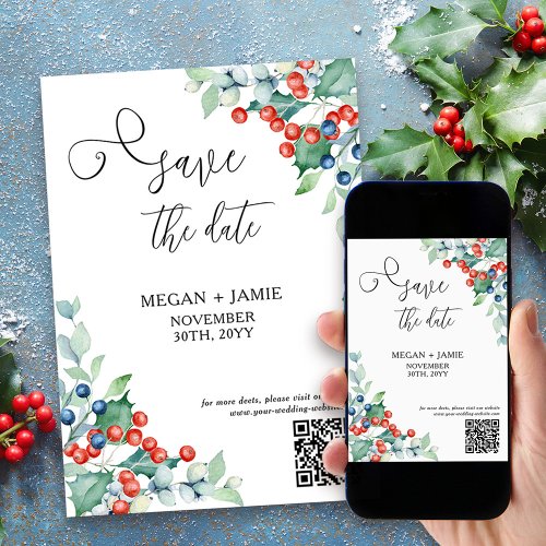 Elegant Script Holly and Winter Berries Save The Date