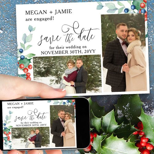 Elegant Script Holly Winter Berries 2 Photo Save The Date