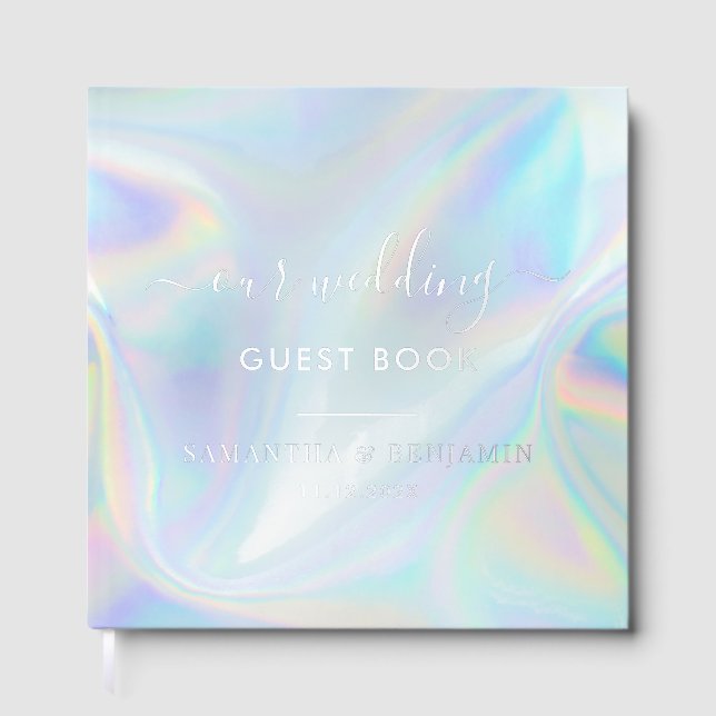 Elegant Script Holographic Wedding Silver Foil Foil Guest Book (Front)