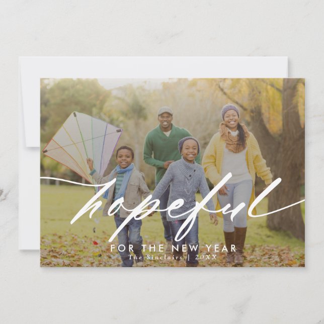 Elegant Script Hopeful Overlay New Year Photo Holiday Card (Front)