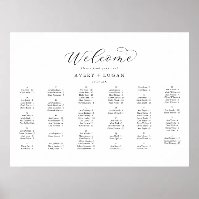 Elegant Script Horizontal Alphabetical Seating Poster | Zazzle