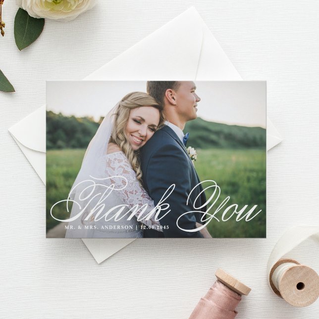 Elegant Script Horizontal Photo Wedding Thank You Postcard (Creator Uploaded)