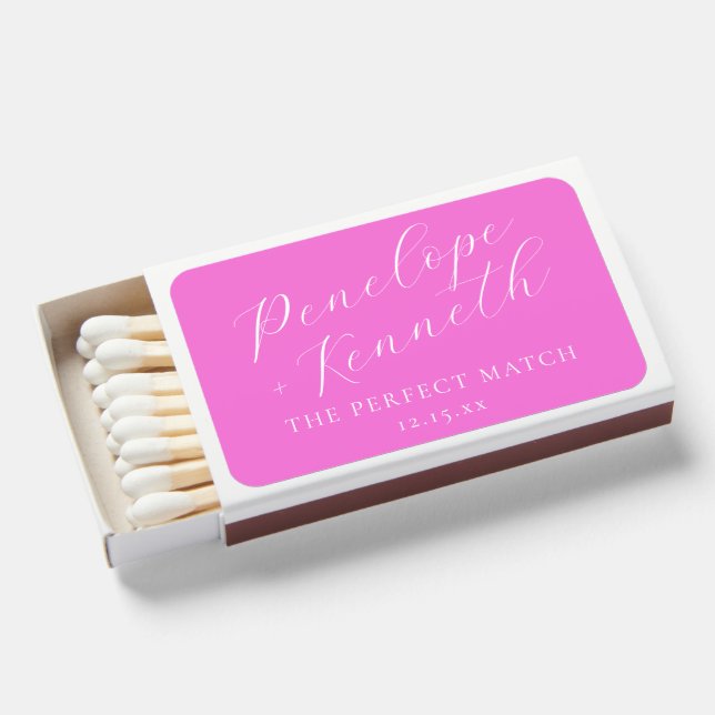 Elegant Script Hot Pink Custom Wedding Favor Matchboxes (Front Open)