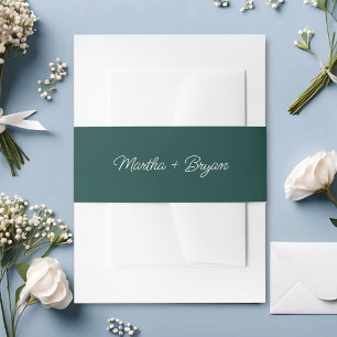 Elegant Script Hunter Green & White Wedding Invitation Belly Band