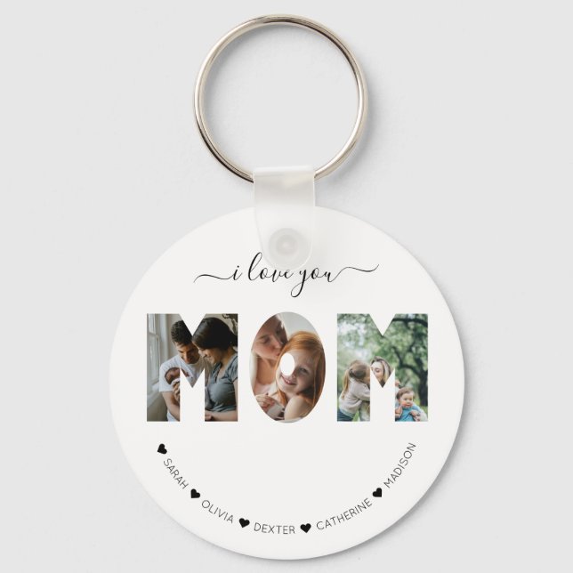 Elegant Script I love you MOM Photo Collage Keychain (Front)