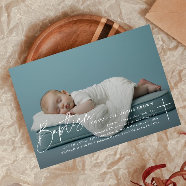 Elegant Script Infant Photo Catholic Baptism Invitation (Creator Uploaded)
