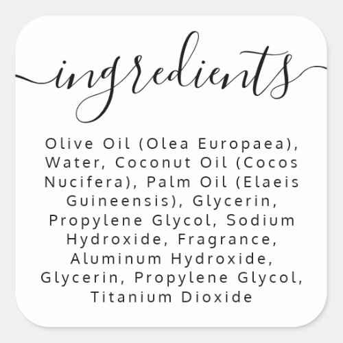 Elegant script ingredient list product label