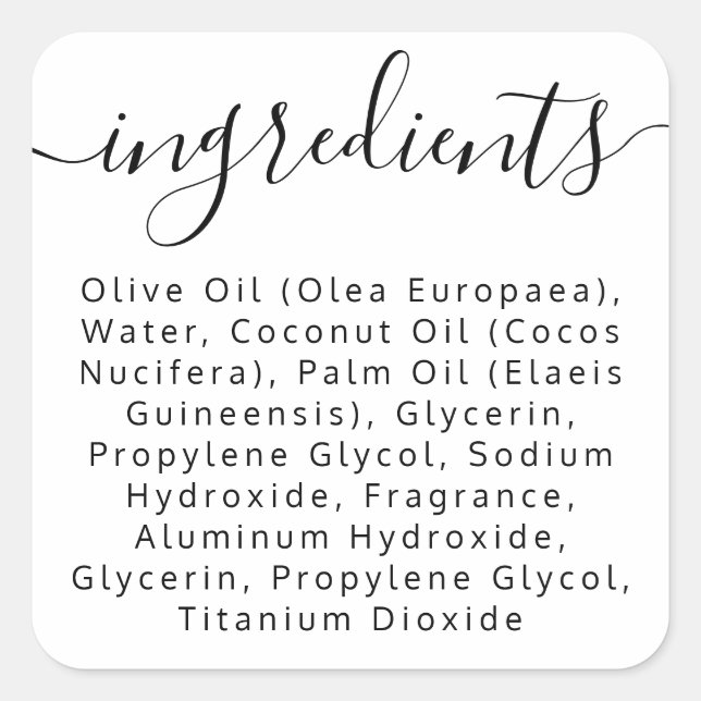 Elegant script ingredient list product label (Front)