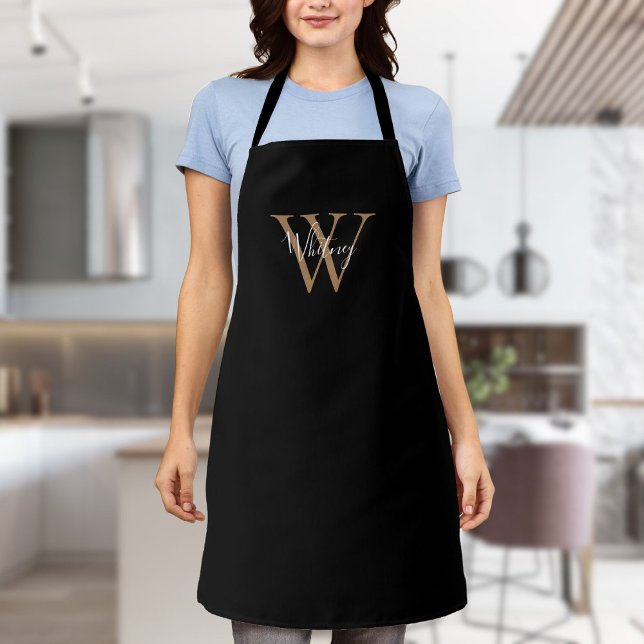 Elegant Script Initial Black Gold Monogram Apron (Elegant Script Initial Black Gold Monogram Apron)